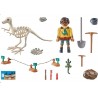 Excavación arqueológica con esqueleto de dinosaurio.